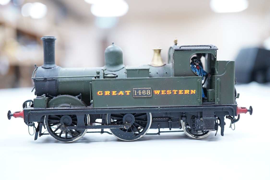 Three EM gauge GWR model railway locomotives scratch built or adapted from kits by John Worsley; 0-4-2T, 5812, 0-4-2T, 1468, and 0-4-0ST, 1143, all well detailed models.